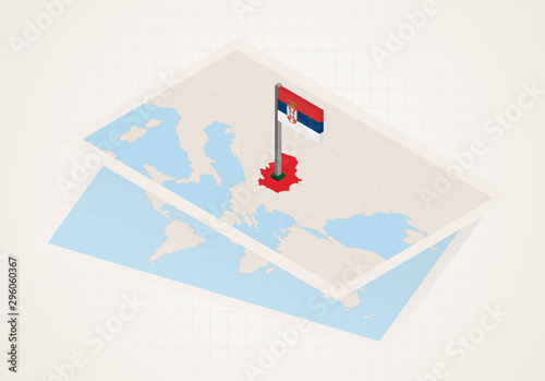 Serbia selected on map with isometric flag of Serbia. photo