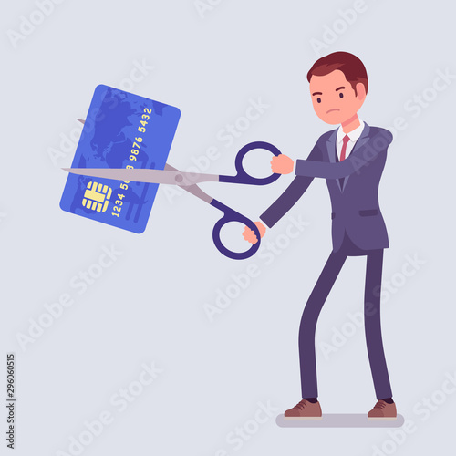 Rate cut businessman. Man cutting with giant scissors a credit card, angry with collapse and business recession, financial crisis or major economic problems. Vector flat style cartoon illustration
