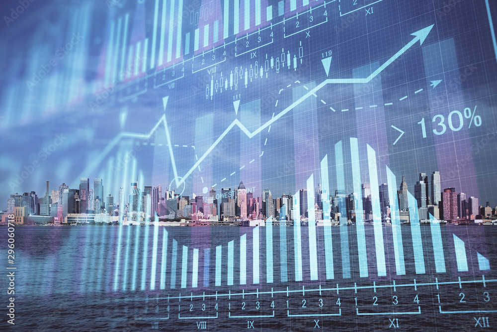 Forex graph on city view with skyscrapers background double exposure. Financial analysis concept. Forex graph on city view with skyscrapers background double exposure. Financial analysis concept.