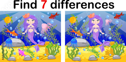 Find differences, game for children, mermaid underwater in cartoon style, education game for kids, preschool worksheet activity, task for the development of logical thinking.