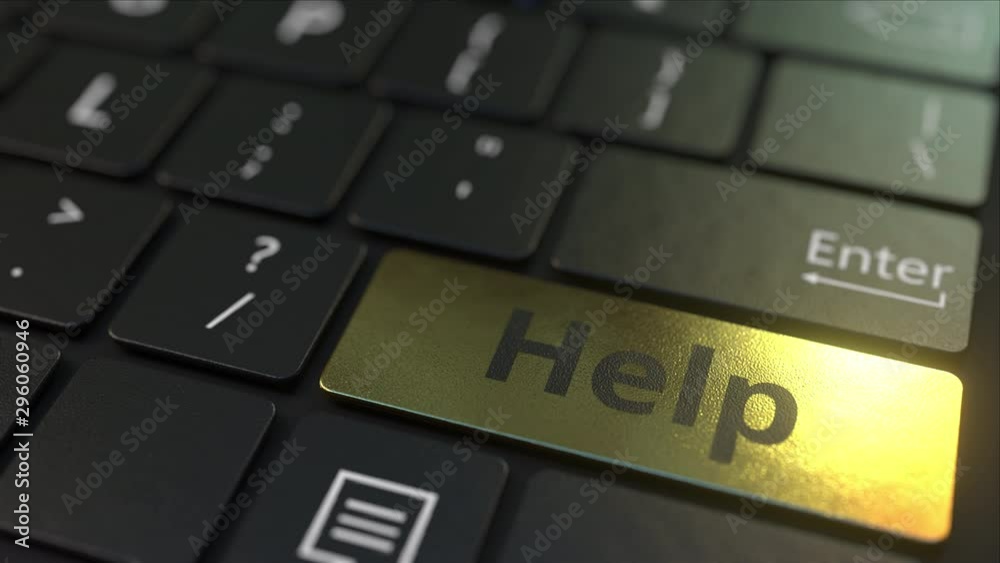 Black computer keyboard and gold help key. Conceptual 3D animation