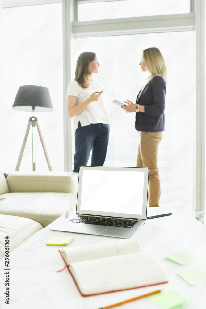 Fototapeta premium Blank screen of the laptop on the table at modern office. Female colleagues chatting on background while standing by the window at office