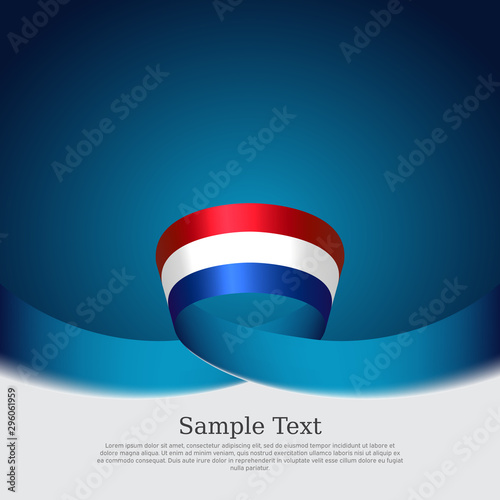Netherlands flag background. Netherlands flag wavy ribbon on blue white background. National poster. Vector design. State patriotic banner, cover, flyer