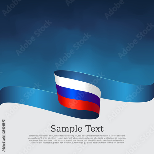 Russia flag background. Wavy ribbon in the color of the russian flag on a blue white background. National poster. Vector tricolor design. State russian patriotic banner, cover, flyer