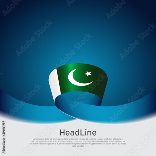 Pakistan flag background. Vector design. Wavy ribbon colors flag of pakistan on blue white background. National poster. State patriotic banner, cover, flyer