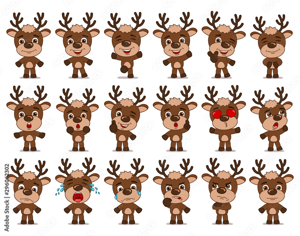 Fototapeta premium Big set of funny reindeer in cartoon style in different standing poses and emotions isolated on white background