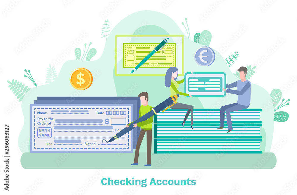Person holding pen vector, checking account. Coin money saving and giving, male and female holding card. Name of holder, nature with foliage leaf Person holding pen vector, checking account. Coin money saving and giving, male and female holding card. Name of holder, nature with foliage leaf