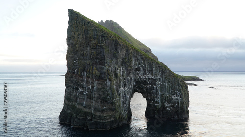 Drangarnir Sea Stack Rock in the Atlantic ocean on Vágar Island, Faroe Islands.