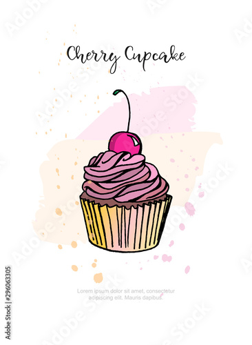 Hand drawn cherry cupcake. Eps 10 vector illustration.
