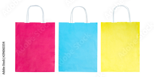 Collection of colorful paper bags isolated on white background. Sale concept. Flat lay