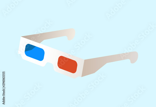 3D movie watching glasses vector, isolated spectacles with red and blue colors on lenses, eyeglasses made of paper, three dimensional world of film