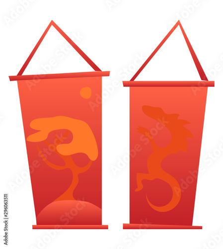 Hanging signboard in red color decorated by tree and dragon sign. Japanese style of board or poster, element of decoration exterior, bar icon vector