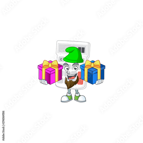 Bring two gifts white calculator cartoon character with mascot photo