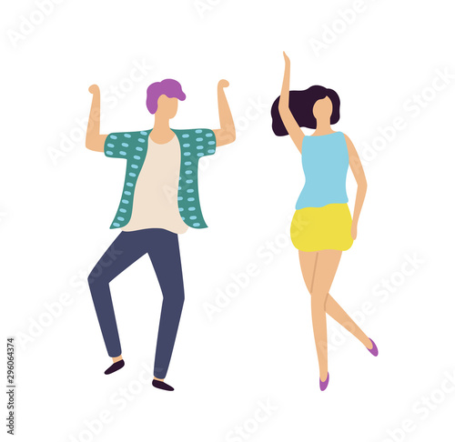 Man and woman characters dancing with rising hands, portrait and full length view of dancers moving together, male and female in casual clothes vector