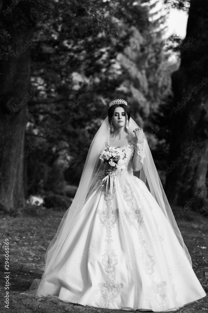 Portrait of a beautiful bride in veil with a bouquet of flowers in the park. Black and white Portrait of a beautiful bride in veil with a bouquet of flowers in the park. Black and white