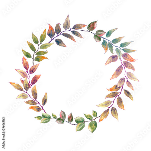 Watercolor wreath made of autumn colorful leaves isolated on white background.