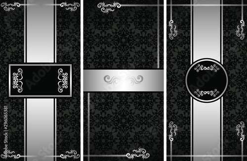 Set of three vintage cards with luxury silver design. Seamless wallpaper. Can be used for background and wallpaper, card and invitation, cover and case