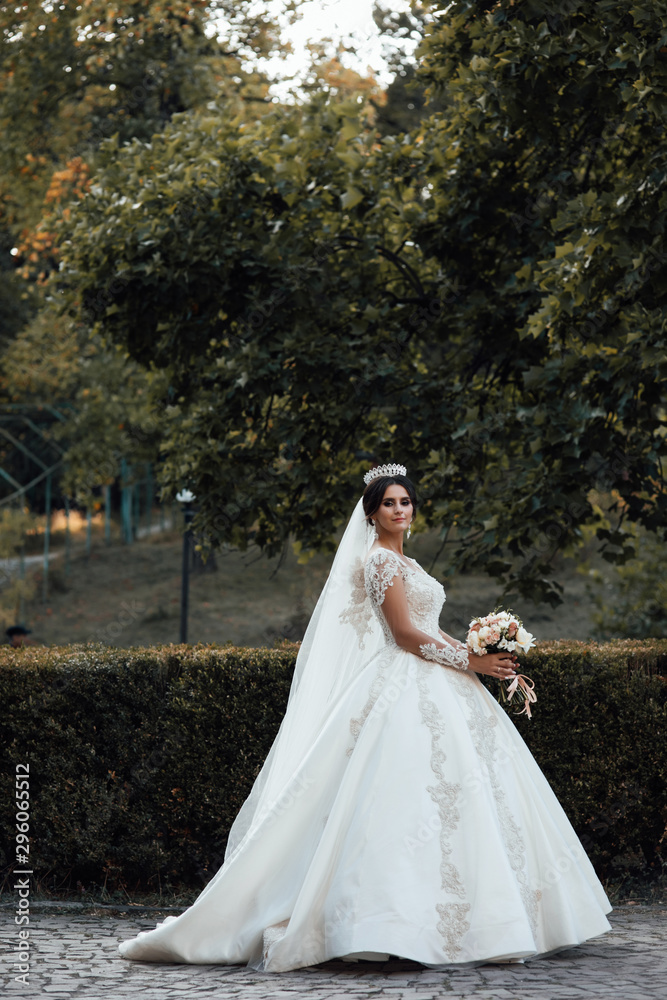 Bride with a beautiful hair style and crown in hair. The bride in a dress and with a bouquet in her hands for a walk. Tender bride in white wedding dress walking behind nature. Bride with a beautiful hair style and crown in hair. The bride in a dress and with a bouquet in her hands for a walk. Tender bride in white wedding dress walking behind nature.