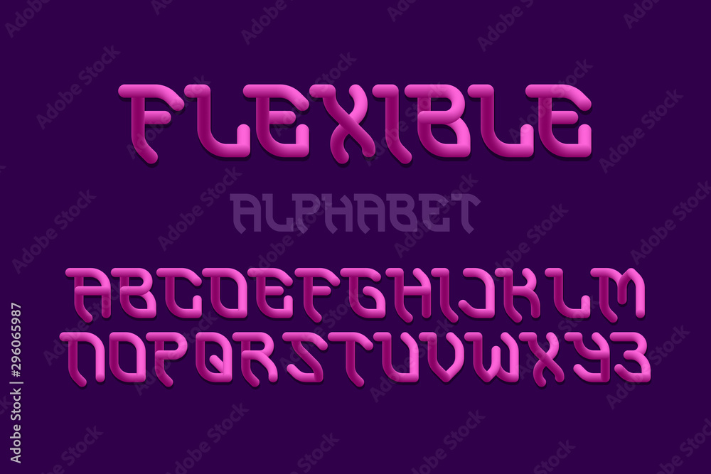 Flexible alphabet of pink gradient 3d letters. Luminous artistic font. Isolated english alphabet.