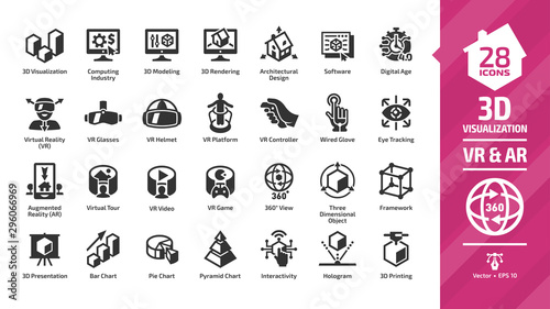 3D visualization icon set with virtual & augmented reality (VR & AR) visual technology glyph symbols: graph data, glasses, headset and helmet, computing industry, modeling, rendering and software.