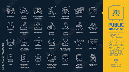 Public transport outline icon set in dark mode with passenger vehicle editable stroke line signs: trolleybus, minibus, personal rapid transit PRT, airplane, helicopter, train, tramway, subway or metro