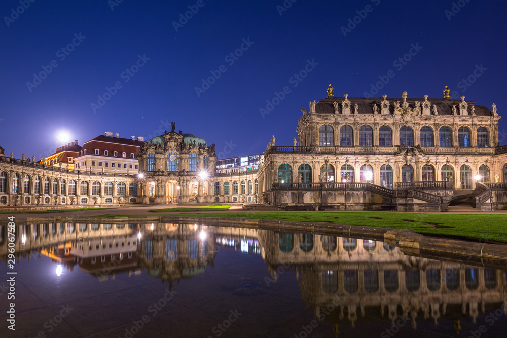 Beautiful architecture of the Zwinger palace in Dresden ad dusk, Saxony. Germany