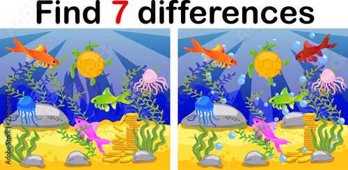 Underwater world, ocean floor with octopus, submarine, whale, fish, corals and sea shells. Educational game for kids: find ten differences.