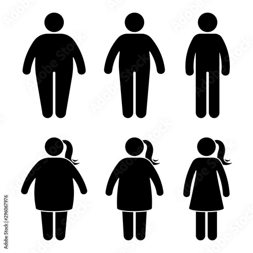 Fat stick figure vector icon set. Obese people couple black and white flat style pictogram on white background