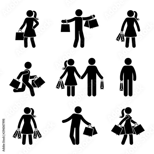 Stick figure male and female holding shopping bags vector icon pictogram. Seasonal sale, black friday happy people with purchase on white background