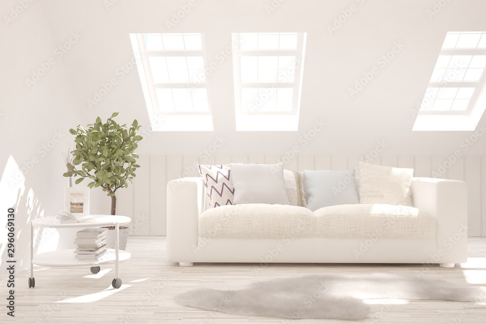 Stylish room in white color with sofa. Scandinavian interior design. 3D illustration Stylish room in white color with sofa. Scandinavian interior design. 3D illustration