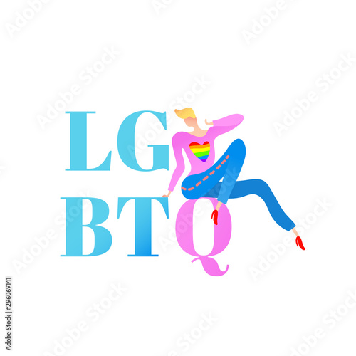 Vector colorful illustration, trendy gay man on heels with LGBTQ text. Flat cartoon style, isolated. Applicable for LGBT, transgender rights concepts, logos, flyers, etc.