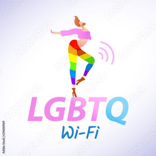 Vector colorful illustration, trendy gay man on heels with LGBTQ Wi-Fi text. Flat cartoon style, isolated. Applicable for LGBT, transgender concepts, places advertisement, posters, flyers.