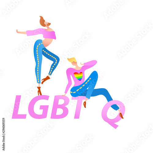 Vector colorful illustration, trendy gay men on heels with LGBTQ text. Flat cartoon style, isolated. Applicable for LGBT, transgender rights concepts, logos, flyers, etc.