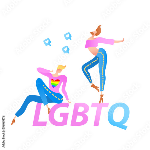 Vector colorful illustration, trendy gay men on heels with LGBTQ text. Flat cartoon style, isolated. Applicable for LGBT, transgender rights concepts, logos, flyers, etc.