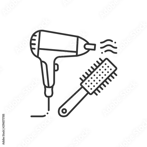 To dry hair black line icon. Hair styling items, dryer and hairbrush. Hairdresser services. Beauty industry. Pictogram for web page, promo.