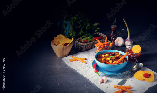 chili con carne with sweet potato and spicy nachos