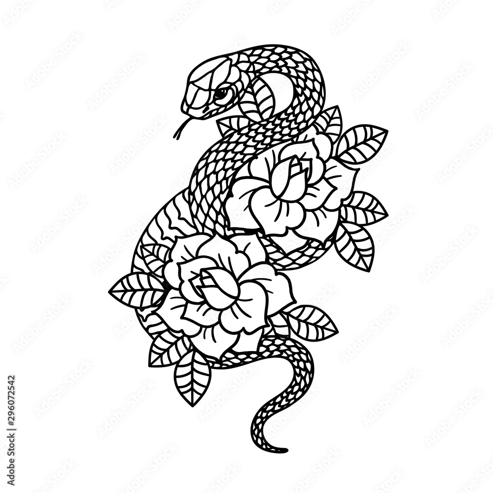 Tattoo with rose and snake with sacred geometry frame. Roses Isolated vector illustration. Tattoo with rose and snake with sacred geometry frame. Roses Isolated vector illustration.
