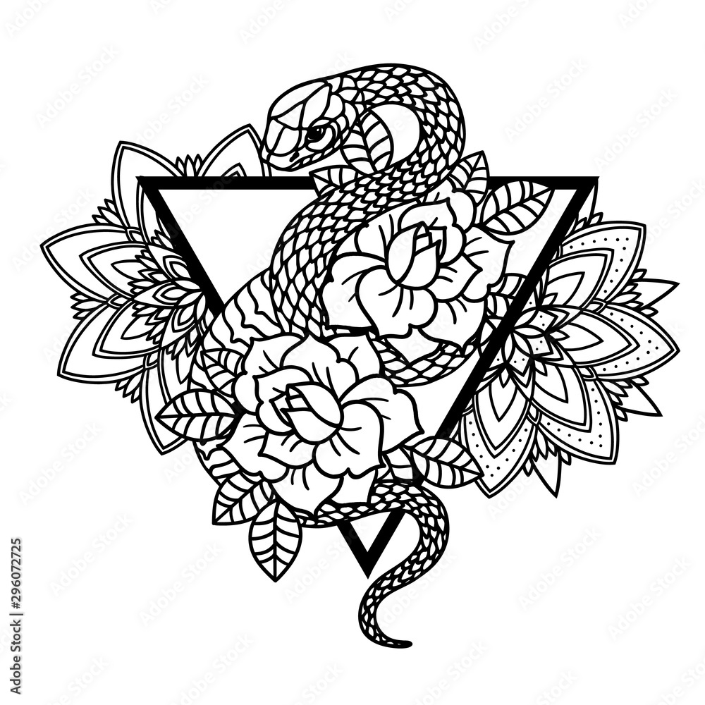 Tattoo with rose and snake with sacred geometry frame. Roses and Mandala Isolated vector illustration. Tattoo with rose and snake with sacred geometry frame. Roses and Mandala Isolated vector illustration.