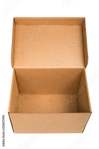 Cardboard archive storage box with opened cover isolated on white background.