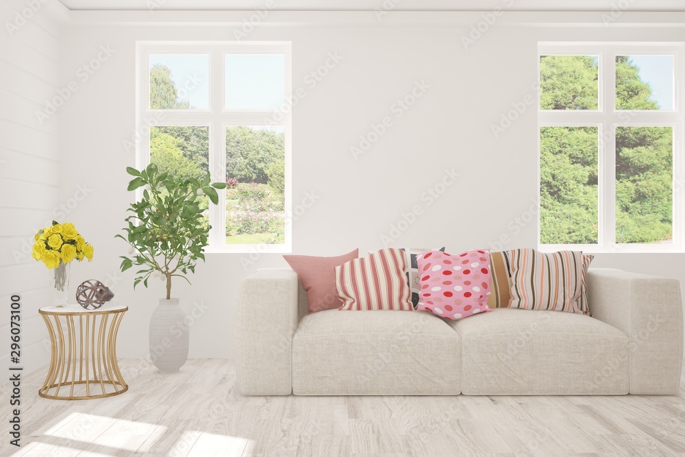 Naklejka premium Stylish room in white color with sofa and summer landscape in window. Scandinavian interior design. 3D illustration