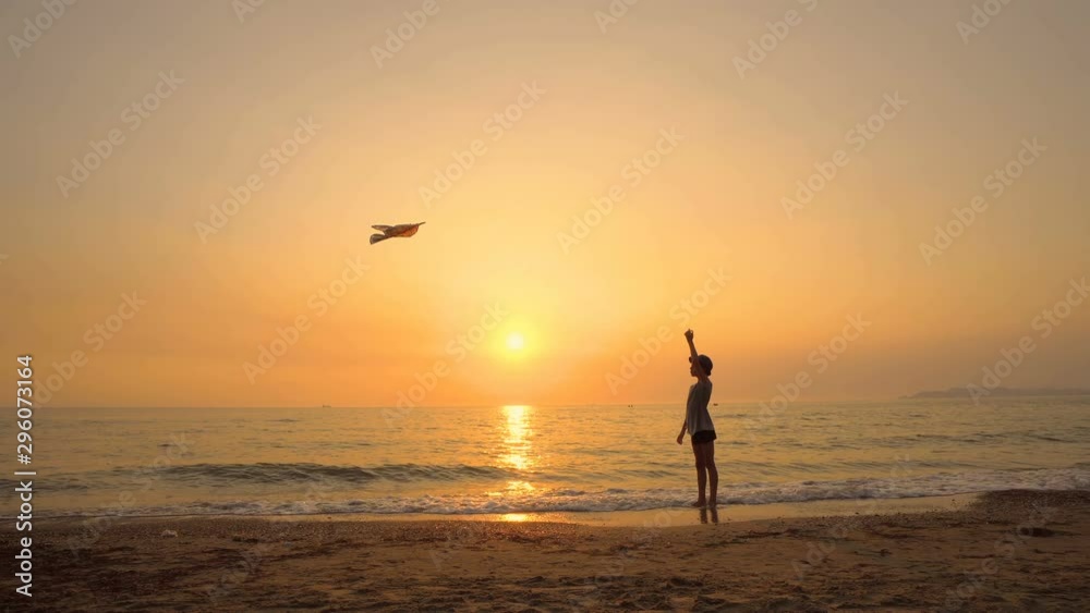 Happy young boy flying kite on the beach at sunset Happy young boy flying kite on the beach at sunset