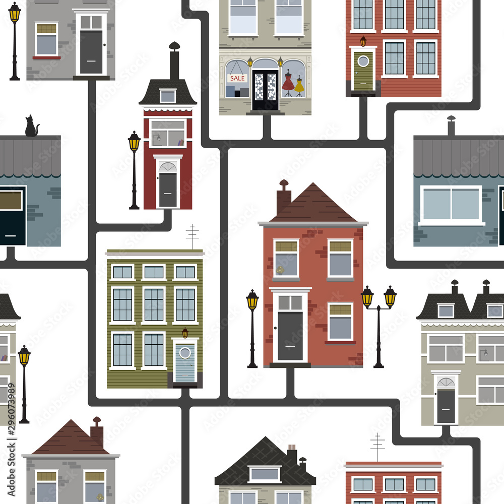 Retro sity seamless pattern. Town street flat vector with houses, commercial, public buildings . Vector stock illustration, EPS10