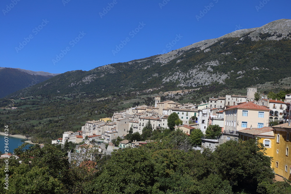 Barrea, Italy - 12 October 2019: Lake Barrea and the mountain village