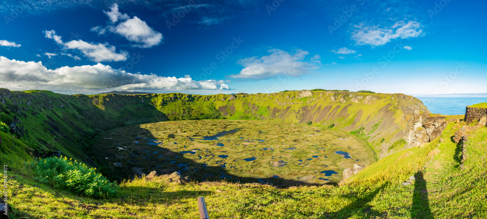 Wide Rano kau volcanic crater panorama in Easter Island