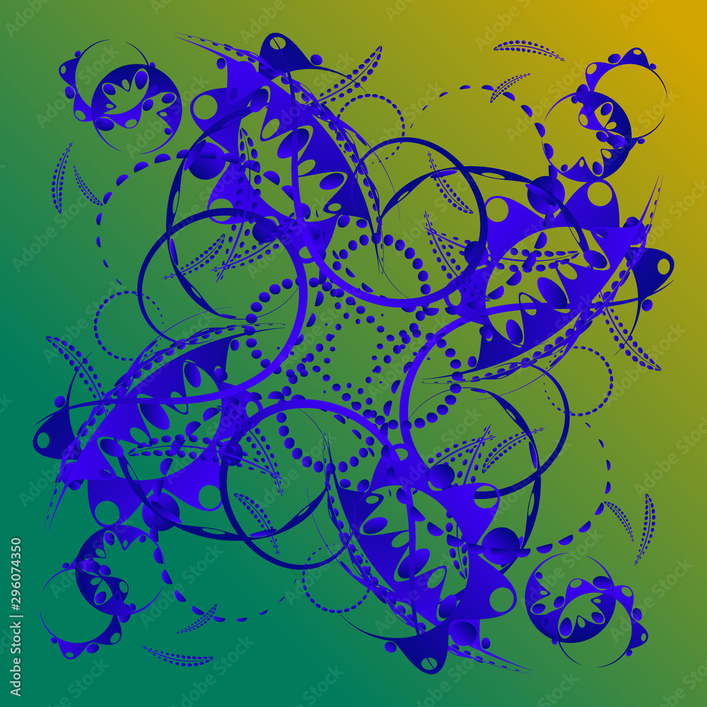 Naklejka premium Abstract pattern of azure curls and blue stems of plants on a yellow and blue background.