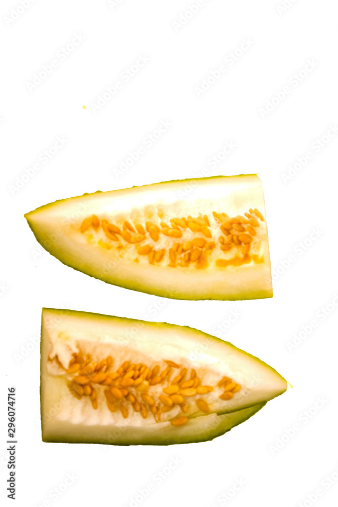 Under the white background, the cut wax gourd is decorated with flowers. Under the white background, the cut wax gourd is decorated with flowers.