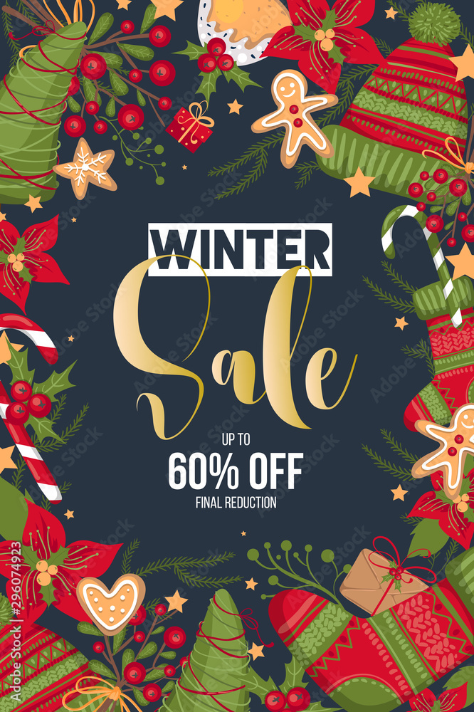 Christmas, new year, winter sale banner. Poster, background, flyer, invitation card, template design with winter elements. Vector illustration EPS 10 Christmas, new year, winter sale banner. Poster, background, flyer, invitation card, template design with winter elements. Vector illustration EPS 10