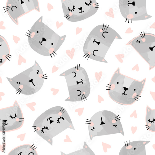 Cats seamless vector pattern with hearts. Cute hand drawn kitten faces. Valentines day. © mgdrachal