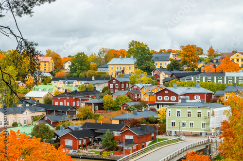 View of old Porvoo, Finland. Beautiful city autumn landscape with colorful wooden buildings.