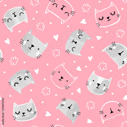 Cat vector seamless pattern with hand drawn cat faces, hearts and flowers. Valentines day. Baby girl, children print design.